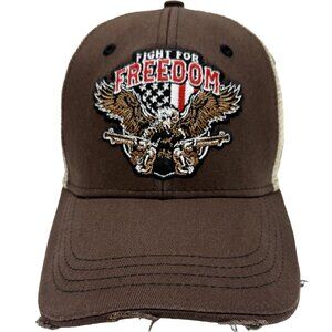 “Fight for Freedom” Eagle Pistols Mesh Trucker Hat – Brown & Cream Patriotic Cap